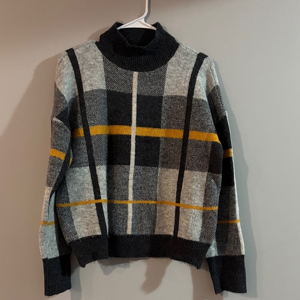Marled Plaid Cowl Neck Sweater in Black, Gray & Mustard